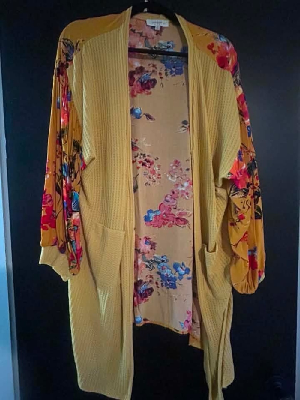 Floral Sleeve Mustard Open-Front Women’s Cardigan
